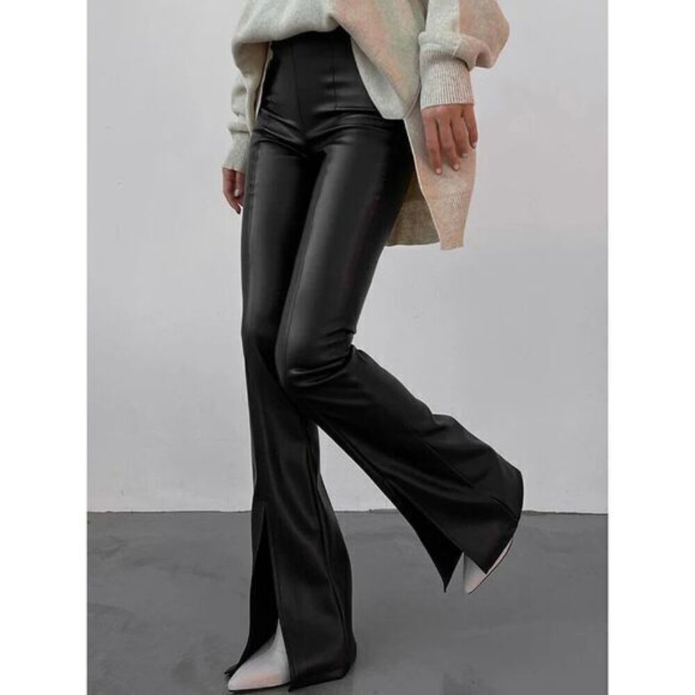 Commense Sleek Black Faux Leather Flared Pants High‎ Waist Split Hem Trousers S